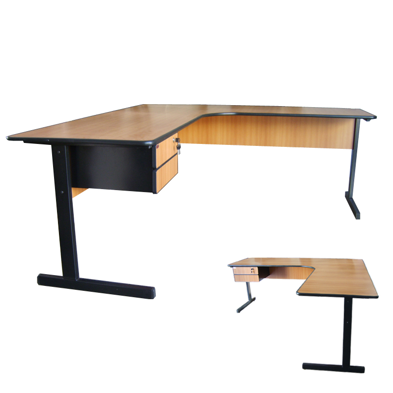 Mesa L noce-preto com 2 gavetas